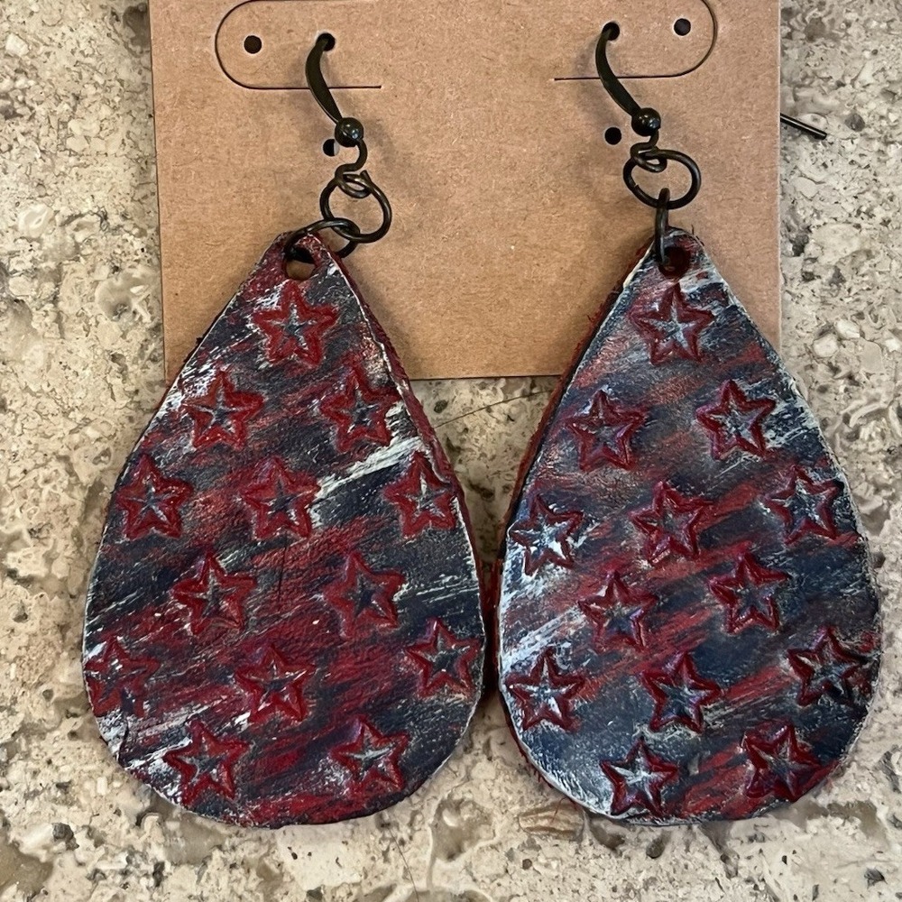 Handmade Leather Tear Drop Earrings Red White‎ Blue Stars Rustic Patriotic Women
